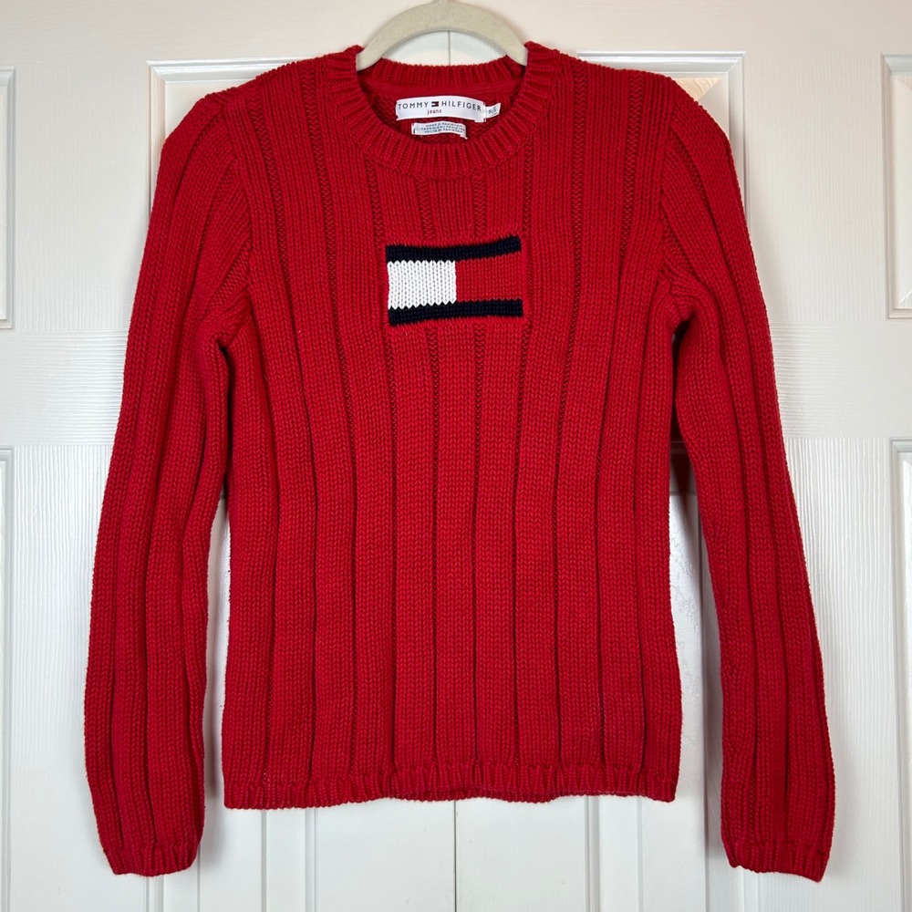 Vintage Y2K Tommy Hilfiger Red Ribbed Knit Flag Logo Cotton Sweater
